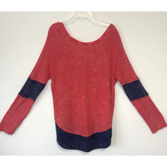 Free People Thermal Colorblock Waffle Knit Top Red Blue Long Sleeve M cozycore - Picture 2 of 5